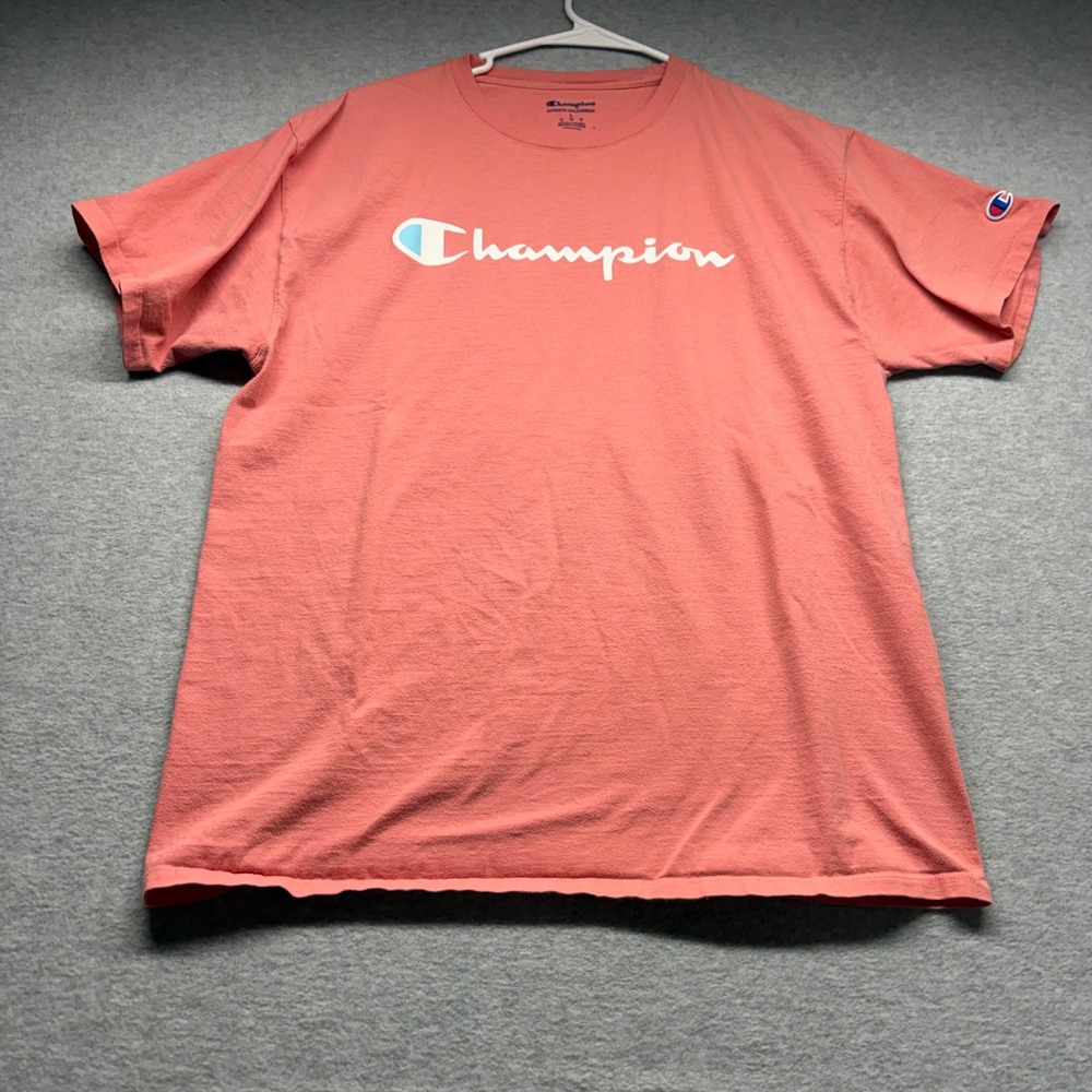 Champion‎ Womens Script Logo Short Sleeve T-Shirt Coral Pink Cotton Large